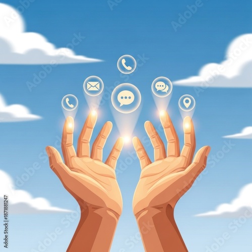 Stylized hands reach upwards, displaying glowing communication icons against a sky backdrop