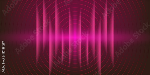 The background has a dark pink tone, which resembles a sound wave made up of high and low lines. There are pink dots and circles around it to create depth and interest in the image.