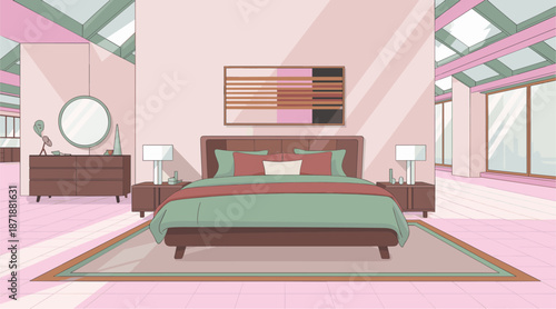 Modern mid-century bedroom illustration with warm browns sage green and rust tones featuring minimalist furniture and geometric decor.