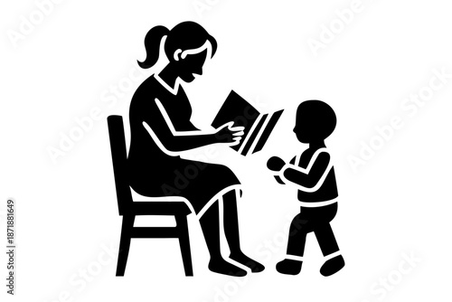 woman reading to child silhouette illustration for education and family design