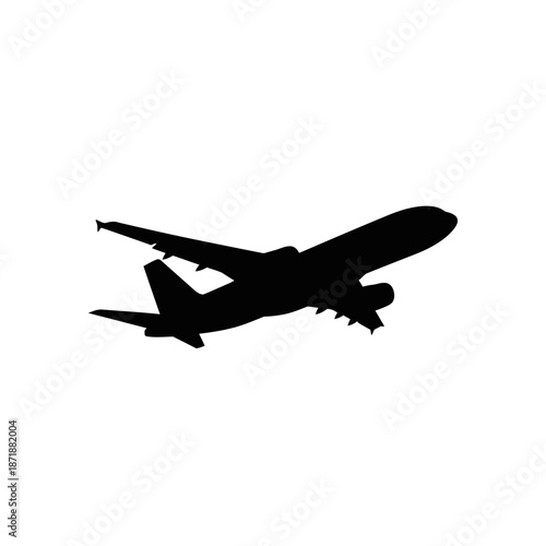 Silhouetted airplane in flight against a plain white background a simple graphic