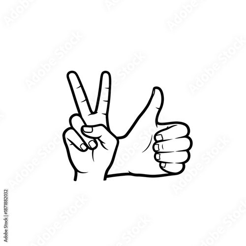 Hand gestures showing peace and approval with a victory sign and thumbs up