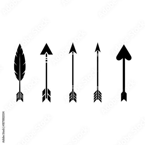 A collection of black arrows and a single feather illustration