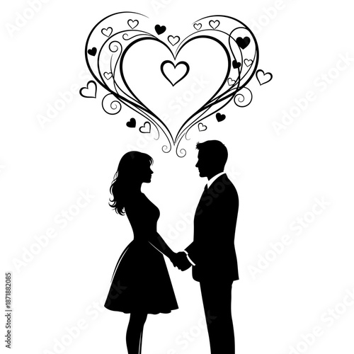 Silhouette of a couple in love with a decorative heart design above