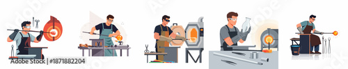 Glass Blowing Process Illustration Set: Craftsman Working on Different Stages of Molten Glass Artistry, Shaping Vases and Objects with Traditional Tools and Furnace.