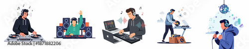 Diverse scenes of young men DJing, mixing, recording, and performing music with turntables, mixers, laptops, and professional audio equipment.
