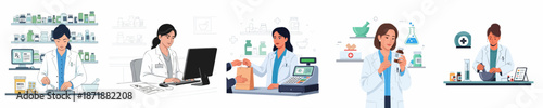 Pharmacy staff illustration showing female pharmacists compounding medicine, dispensing prescriptions, working on computers, and assisting customers.