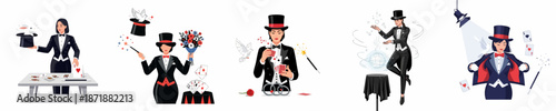 Female Magician Illustration Set: Professional women performing diverse stage illusions, card tricks, rabbits from hats, and grand entertainment acts.