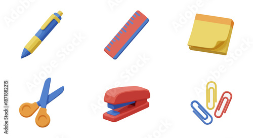 Office supplies set pen ruler sticky note scissors stapler paperclips