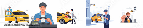Flat vector illustration set depicting various situations and activities related to taxi service, featuring drivers, yellow cars, navigation, and passenger interactions in urban settings.
