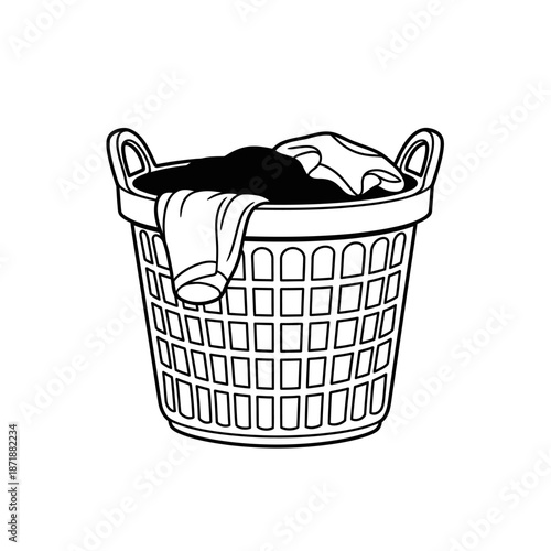 A simple line drawing depicts a wicker laundry basket full of clothes