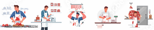 Professional Butcher Concept Set: Man working in meat shop, cutting, grinding, weighing fresh meat, and handling sausages for retail sale.