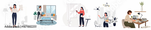 Interior design professionals working set: styling rooms, choosing colors and materials, drafting blueprints, and implementing home improvements.