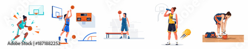 Diverse Collection of Female Basketball Players in Action, Training, and Game Moments, Including Dribbling, Shooting, Rest, and Preparation.