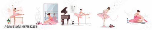 Ballet dancer daily life set: vignettes of practice, stretching, preparing shoes, and resting moments in the studio.