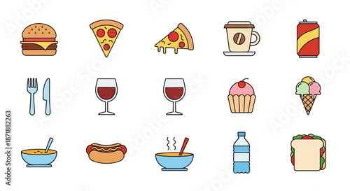 Collection of Delicious Food and Drink Icons for Various Cuisines.