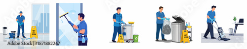 Essential professional cleaning service activities set: mopping, window washing, trash removal, sweeping, and vacuuming by facility maintenance workers.