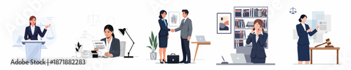 Legal professional activities collage featuring female lawyers, including courtroom speeches, contract signing, client consultation, and office work.