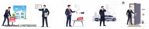 Real estate agent workflow scenes set: selling house, presenting contract, key exchange after sale, business call, and welcoming clients.