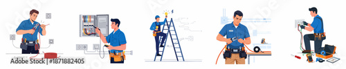 Electricians working on electrical installation, maintenance, and repair, shown in various scenarios like wiring, panel checks, light fitting, and outlet testing.