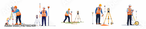 Land Surveyors and Civil Engineers Working with Surveying Equipment. Set of Professional Geodetic Measurement Illustrations.
