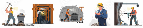 Mining industry workers set: collection of flat vector illustrations showing miners using tools, hauling coal carts, exploring shafts, and discovering precious gems.