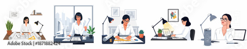 Set of Vector Illustrations: Female Architect Designing Blueprints, Working on Plans, and Developing Models in a Modern Office.