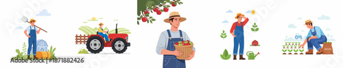 Set of vector illustrations showing farmers working in fields, harvesting crops, driving tractors, and tending to seedlings on a farm.