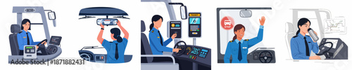 Various scenes of a professional female bus driver operating public transportation, showing daily tasks like driving, ticketing, and route management.