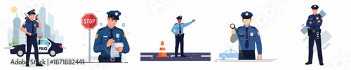 Set of illustrations showing police officers performing various duties including traffic control, ticketing, investigation, and urban patrol.