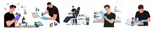Professional Tattoo Artist Workflow Set: Designing, preparing equipment, studio setup, hygiene, and body art application process.