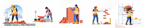 Female masons working on building a brick wall set. Women builders laying bricks, mixing cement, and carrying materials at a construction site.