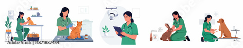 Professional female veterinarian caring for dogs, cats, and rabbits. Set of illustrations depicting pet health checkups, vaccinations, and treatment at the clinic.