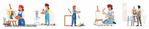 Set of female artists painting on easels, depicting the creative process, passion for art, and studio life in flat vector design.