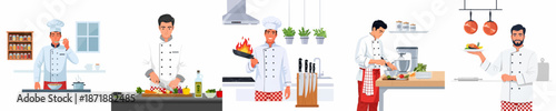 Professional male chefs cooking banner set: chopping, sautéing, mixing, and tasting food in various kitchen scenes.