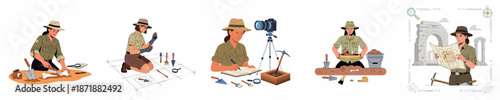 Female archaeologist conducting fieldwork set: excavating ancient artifacts, documenting finds, mapping sites, and researching history.