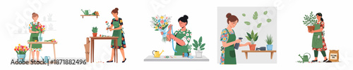 Florist and Gardener Woman Work Set: Illustrations of flower arrangement, bouquet creation, and houseplant care activities.