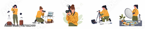 Professional female photographer scenes set: capturing, editing, packing, and using camera equipment, illustrating the creative workflow process.