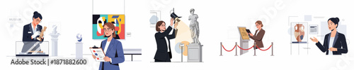 Professional museum curators and art historians performing various duties, including conservation, exhibit design, and guiding, in a modern flat vector illustration.