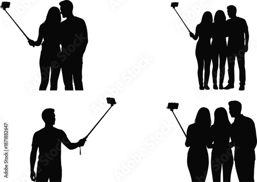 Black silhouettes of young people taking selfies with mobile phone on selfie stick, group of friends and happy couples posing for photo isolated. (24 words)