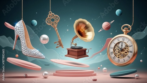 Surreal Composition of Luxury Fashion Items Floating in Dreamy Cosmic Space