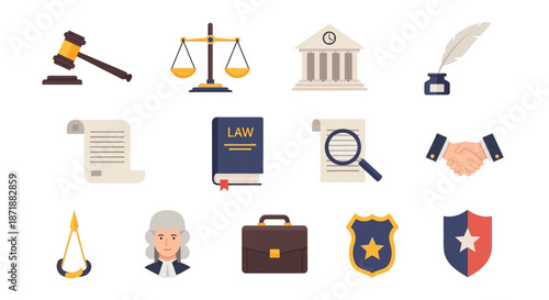 Collection of legal and justice icons representing law and order.