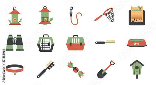 Collection of pet and animal care accessories, including birdhouses, leashes, carriers, food bowls, and grooming tools.