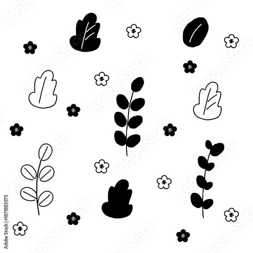 手描き風の葉と花の並んだ植物パターン素材