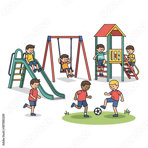 Children playing on a colorful playground with slides swings and a soccer ball