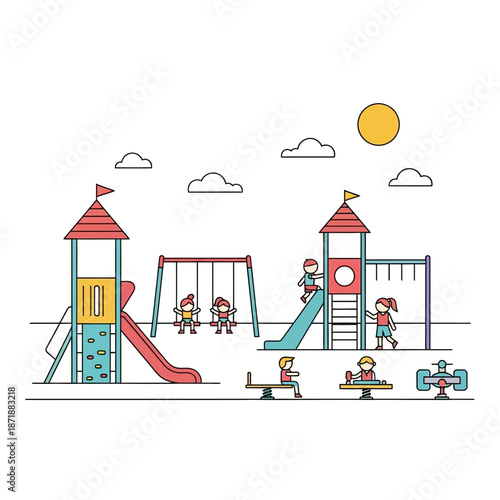 Colorful playground scene with children playing swings slides and sunny skies