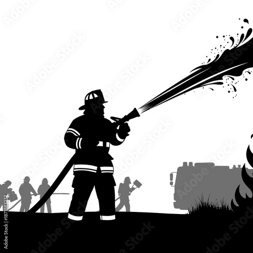 A silhouetted firefighter directing a water stream towards a burning structure