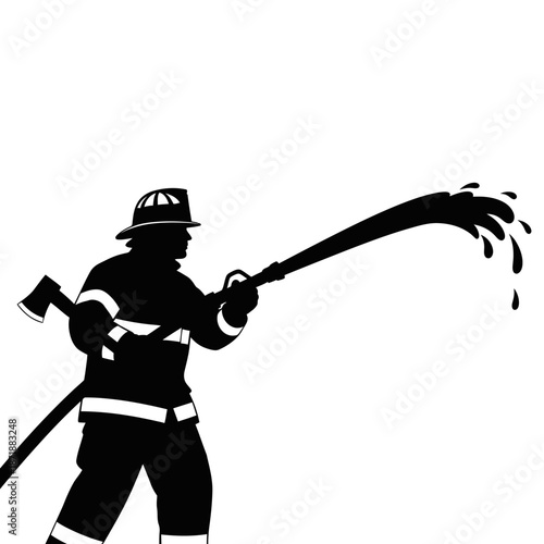 Silhouette of a firefighter using a hose and holding an ax