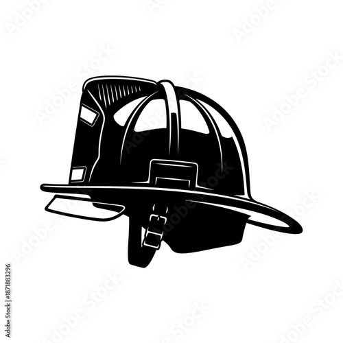 A detailed black and white illustration of a classic firefighter s helmet