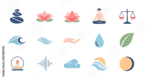 Collection of spiritual and wellness icons for meditation and balance.